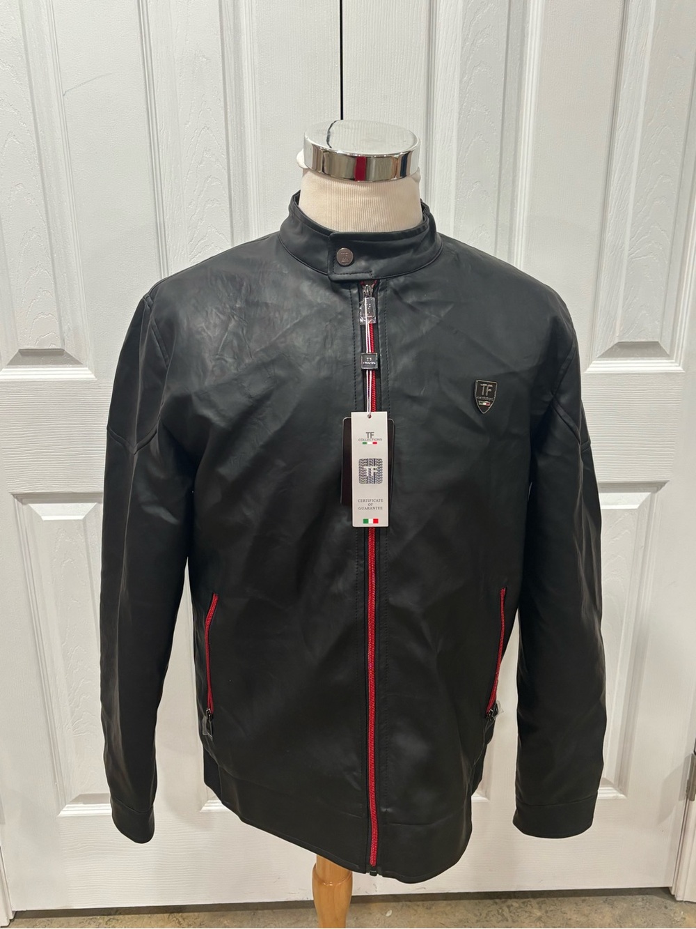 F COLLECTION Men's VEGAN BLACK LEATHER Jacket with Red Trim.  XL NWT